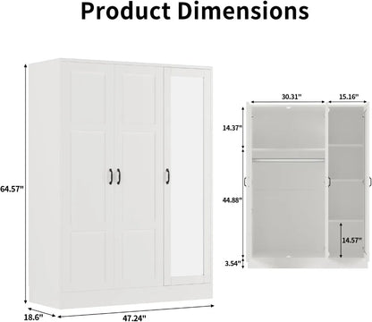 3‑Door Armoire Wardrobe with Mirror – White
