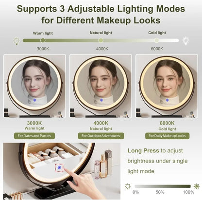 Round‑Mirror Vanity Desk with Lights — 6‑Drawer Makeup Table