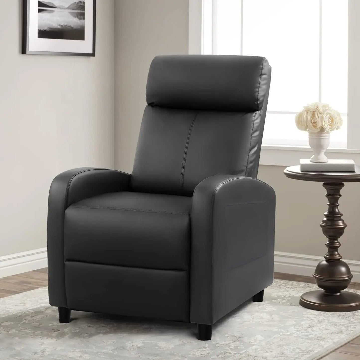 Single Recliner Sofa (PU Leather, Massage Footrest, Black)