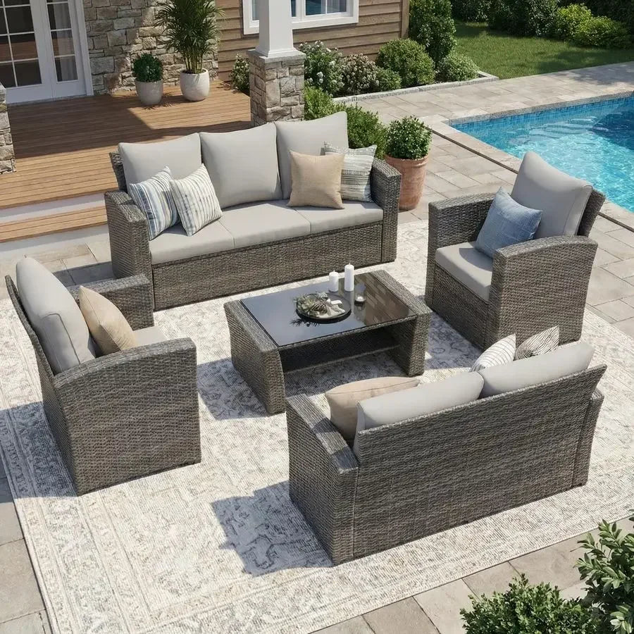5‑Piece Outdoor Wicker Patio Sofa Set with Cushions