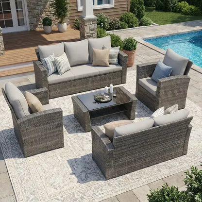 5‑Piece Outdoor Wicker Patio Sofa Set with Cushions
