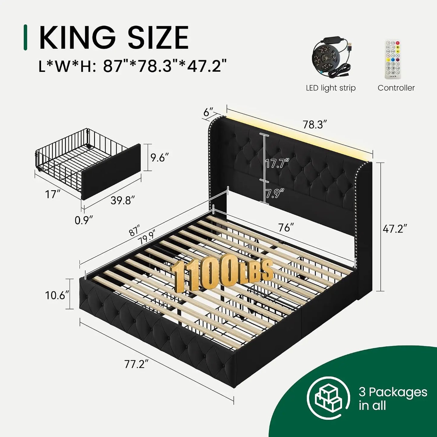 King Velvet Platform Bed w/ LED & 4 Storage Drawers