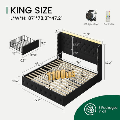 King Velvet Platform Bed w/ LED & 4 Storage Drawers