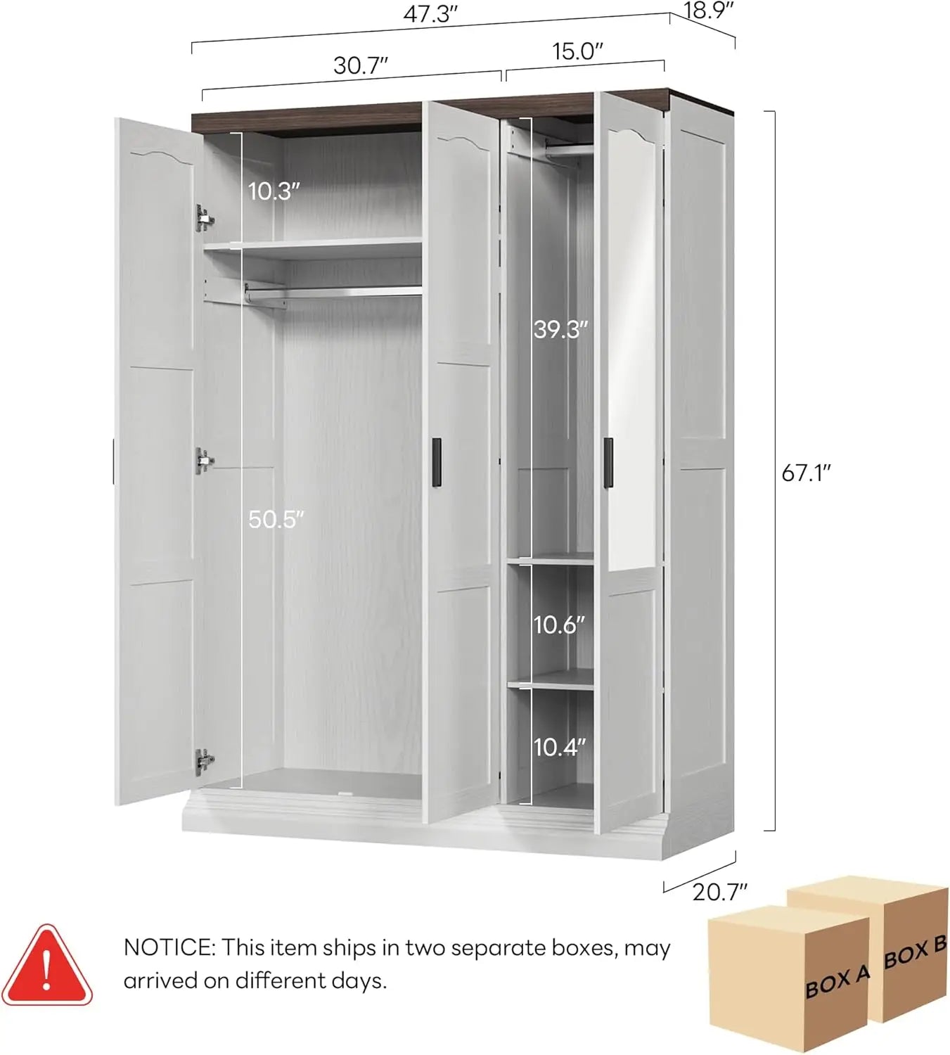 White 3‑Door Wardrobe with Mirror, Shelves & Hanging Rod