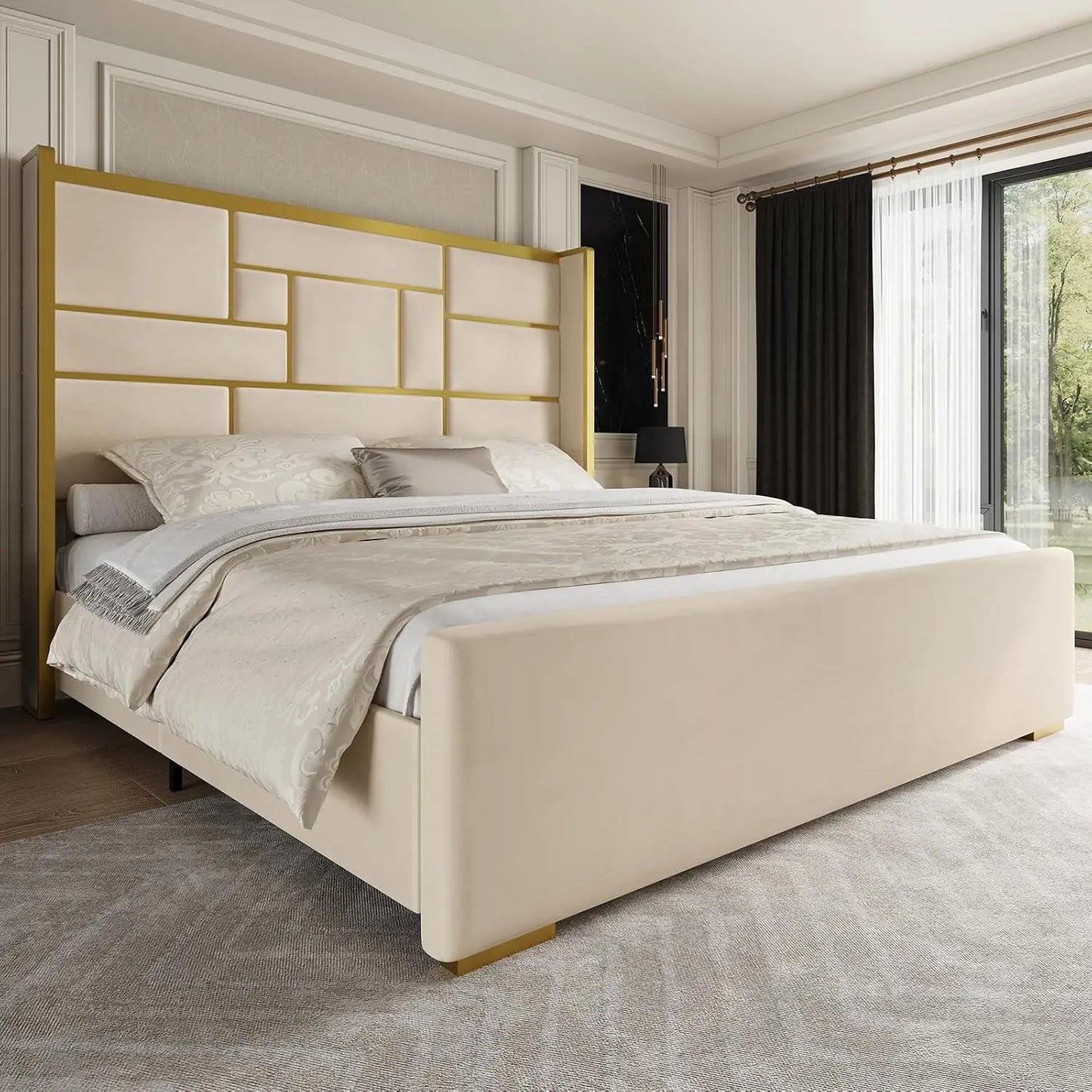 Full Bed Frame with 55" Tall Velvet Headboard – Gold Trim