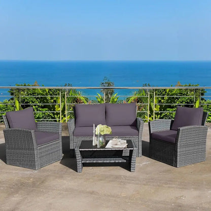 4‑Piece Patio Rattan Furniture Set with Glass Coffee Table