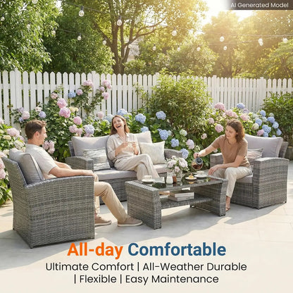 All‑Weather Wicker Patio Sofa with High Backrest & Wide Armrests