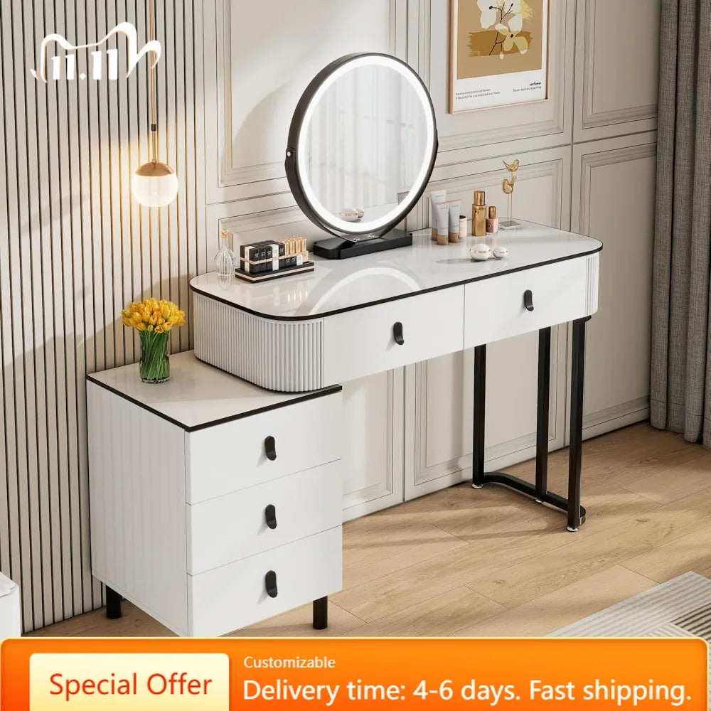 Modern LED Vanity Desk — Mirror, Drawers & Adjustable Cabinet