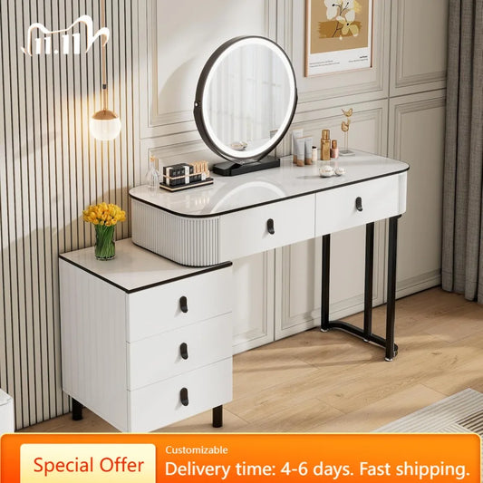 Modern LED Vanity Desk — Mirror, Drawers & Adjustable Cabinet