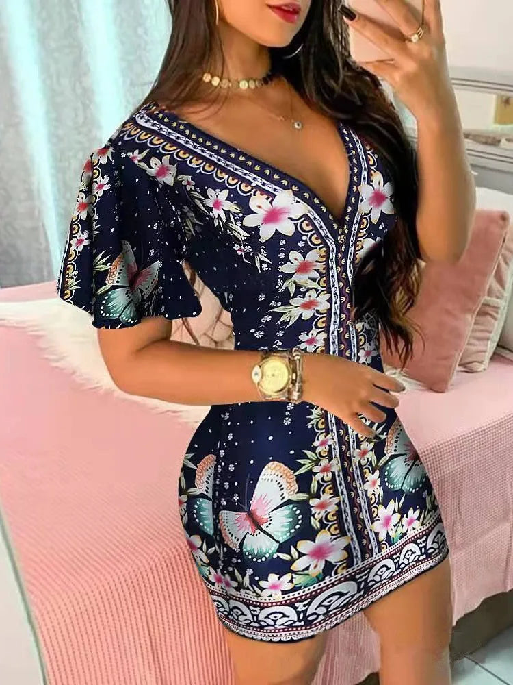 Women’s Elegant Floral Print Bodycon Mini Dress – Sexy Deep V‑Neck Summer Party & Office Look