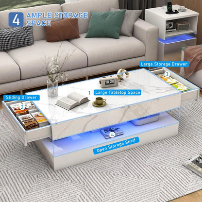 47.2" High‑Gloss LED Coffee Table with Sliding Drawers – Marble Print