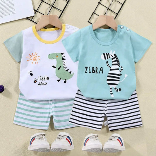 Cotton Cartoon Zebra Dinosaur Print Tracksuit Set 2-Piece Kids Summer Clothes Tee Shorts for Boys Girls 1-6 Years