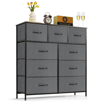 9‑Drawer Tall Bedroom Dresser with Wooden Top & Fabric Bins