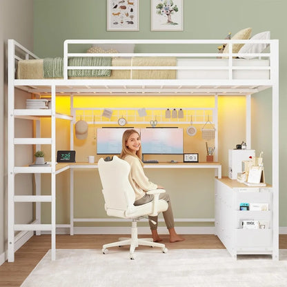 Full Loft Bed w/ U‑Desk, 7 Drawers, LED Lights & Charging Station — White