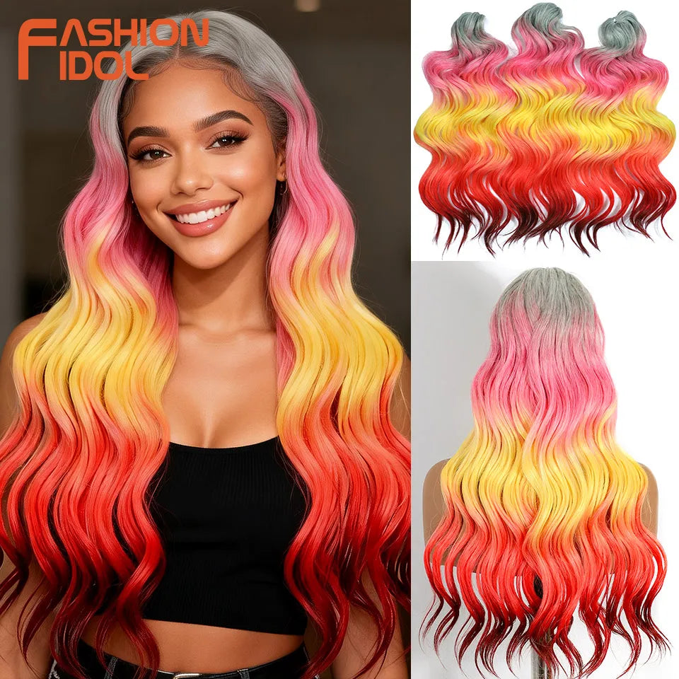 FASHION IDOL 24inch 300g/3pcs Deep Wave Crochet Hair Synthetic Water Wave Braiding Hair Ombre Rainbow color Fake Hair Extensions