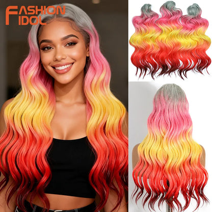 FASHION IDOL 24inch 300g/3pcs Deep Wave Crochet Hair Synthetic Water Wave Braiding Hair Ombre Rainbow color Fake Hair Extensions