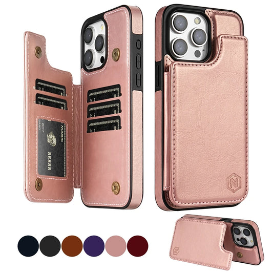 Magnetic Wallet Case for iPhone – Solid‑Color Leather Cover with Double Buckle, RFID‑Blocking Card Holder (iPhone 15/14/13/12/11, XR, XS, SE2, 8, 7)
