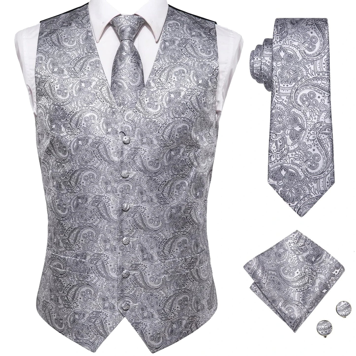 Hi-Tie 20 Color Silk Men's Vests Tie Slim Sleeveless Jacket Hanky Cufflink Waistcoat 4PC Suit