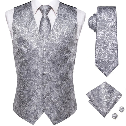 Hi-Tie 20 Color Silk Men's Vests Tie Slim Sleeveless Jacket Hanky Cufflink Waistcoat 4PC Suit