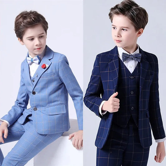 Boys Top Quality Plaid Suit Tuxedo Bowtie Blazer