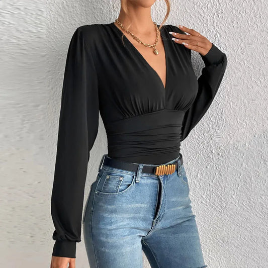 Women's Sexy Deep V Neck Long Sleeve Solid Blouse Slim Elegant
