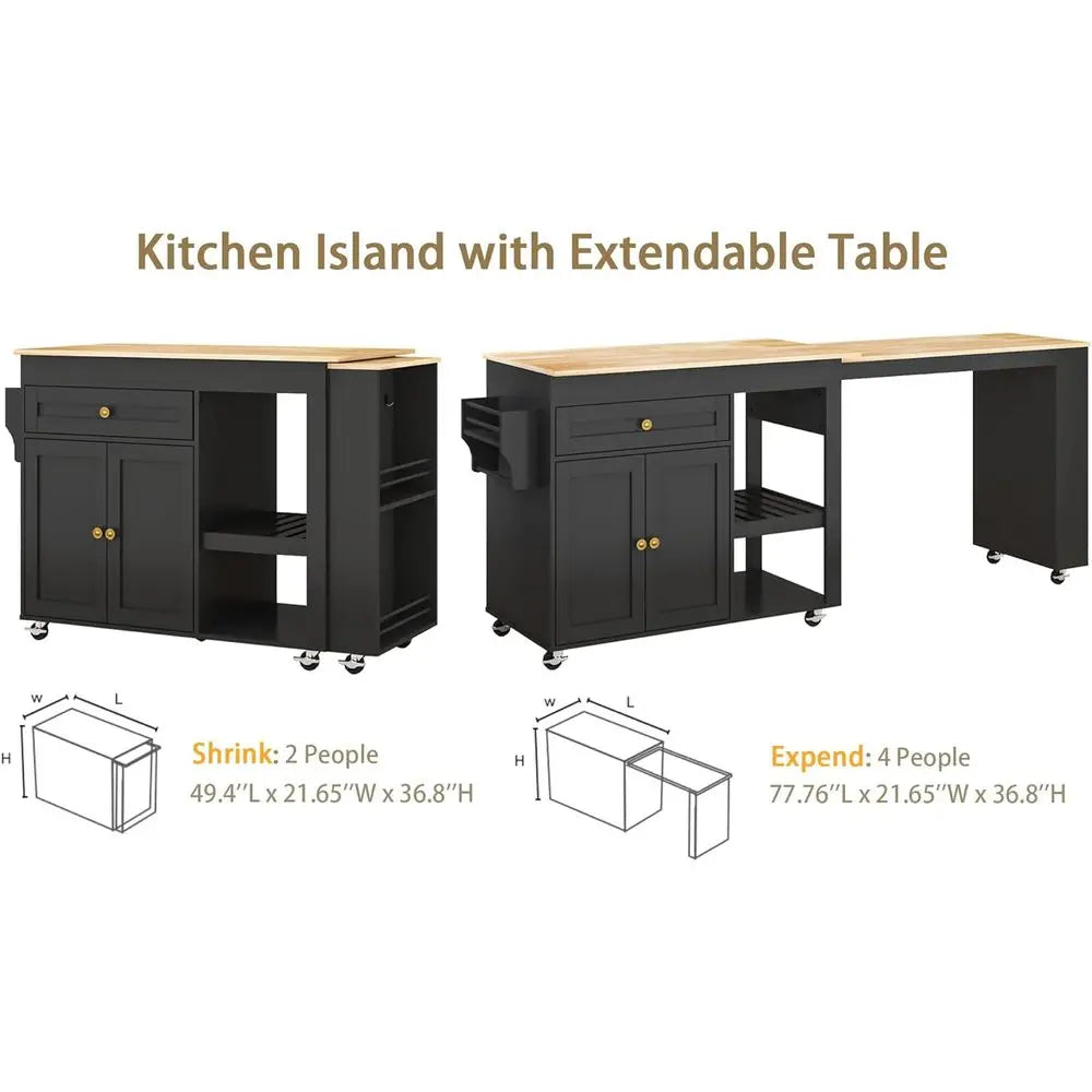 78 Rolling Kitchen Island with Extendable Dining Table or 4, Kitchen Islands on Wheels with Pull Out Table, 2-Tier Storage Shelf