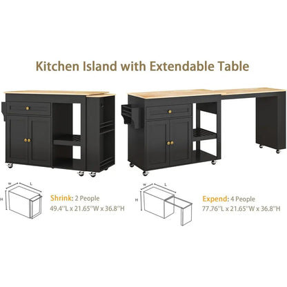 78 Rolling Kitchen Island with Extendable Dining Table or 4, Kitchen Islands on Wheels with Pull Out Table, 2-Tier Storage Shelf