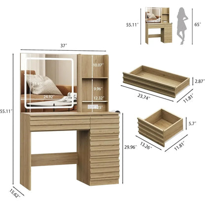 LED Makeup Vanity with 4 Drawers & Open Shelves