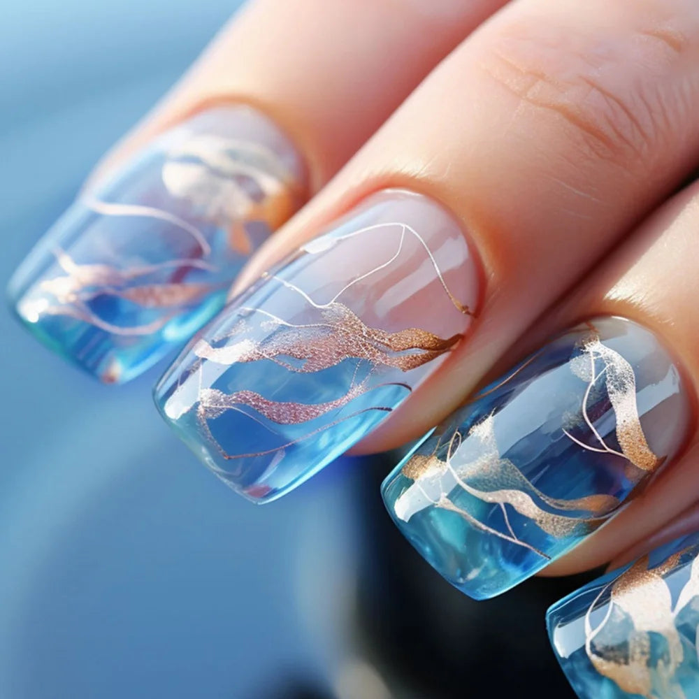 24pcs Gold Stripe Press‑On Nails – Long Square Full Cover Tips