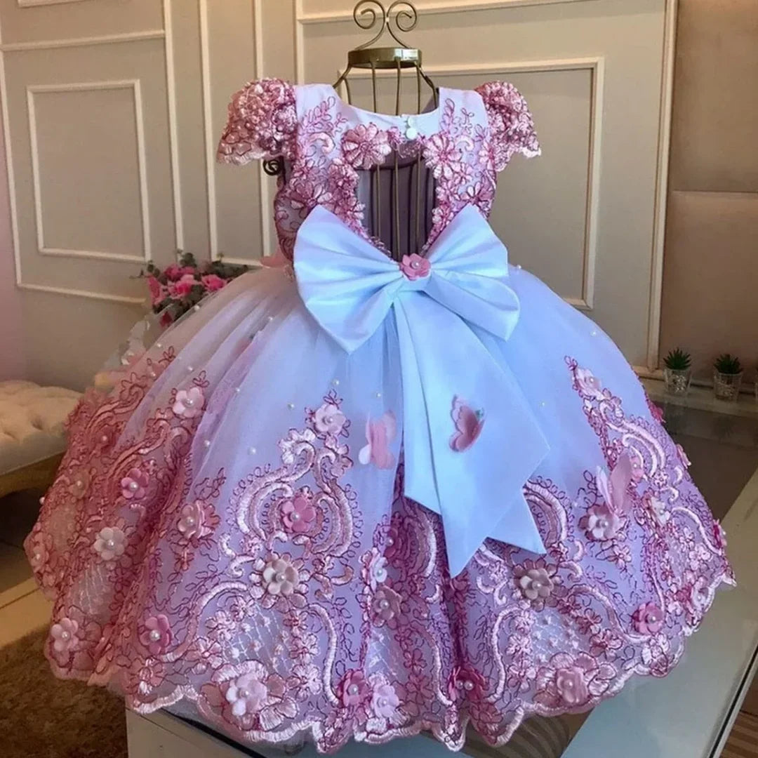 Custom Pink &amp; Purple 3D Floral Flower Girl Dress (Wedding · First Christmas · Birthday Party · Cap Sleeves)