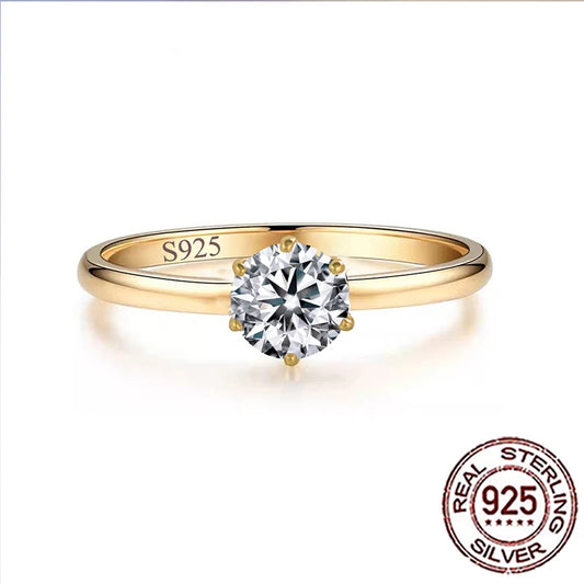 925 Sterling Silver Shiny Round Cubic Zircon Gold Color Ring for Women Bridal Engagement Wedding Band Jewelry Gift SR053
