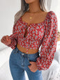 Women Casual Floral Print Lace Up Long Sleeve Crop Tops Chiffon Blouse