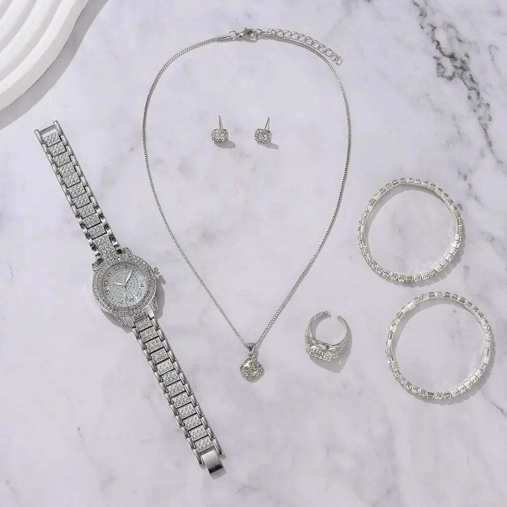 6PCS Women's Luxury Elegant Alloy Crystal Wristwatch, Rhinestone Bracelet, Neckless, Ring