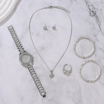 6PCS Women's Luxury Elegant Alloy Crystal Wristwatch, Rhinestone Bracelet, Neckless, Ring