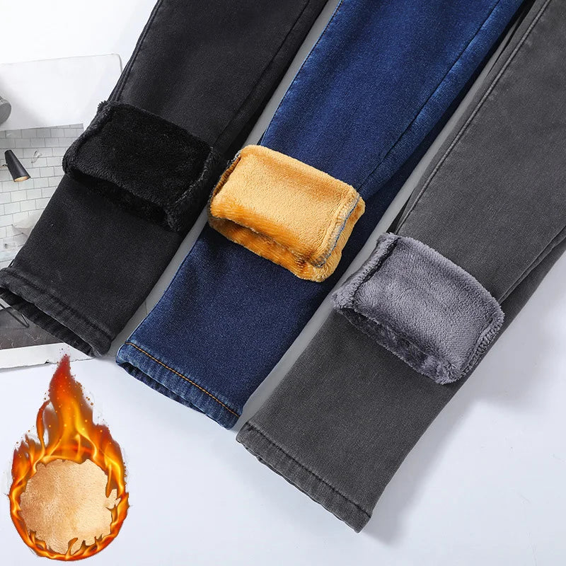 delete Women Thermal Skinny Jeans Mom Winter Warm Plush Stretch Jeans Lady Fleece Snow Denim Pants Student Pencil Straight Leg Trousers