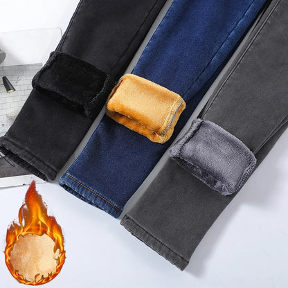 delete Women Thermal Skinny Jeans Mom Winter Warm Plush Stretch Jeans Lady Fleece Snow Denim Pants Student Pencil Straight Leg Trousers