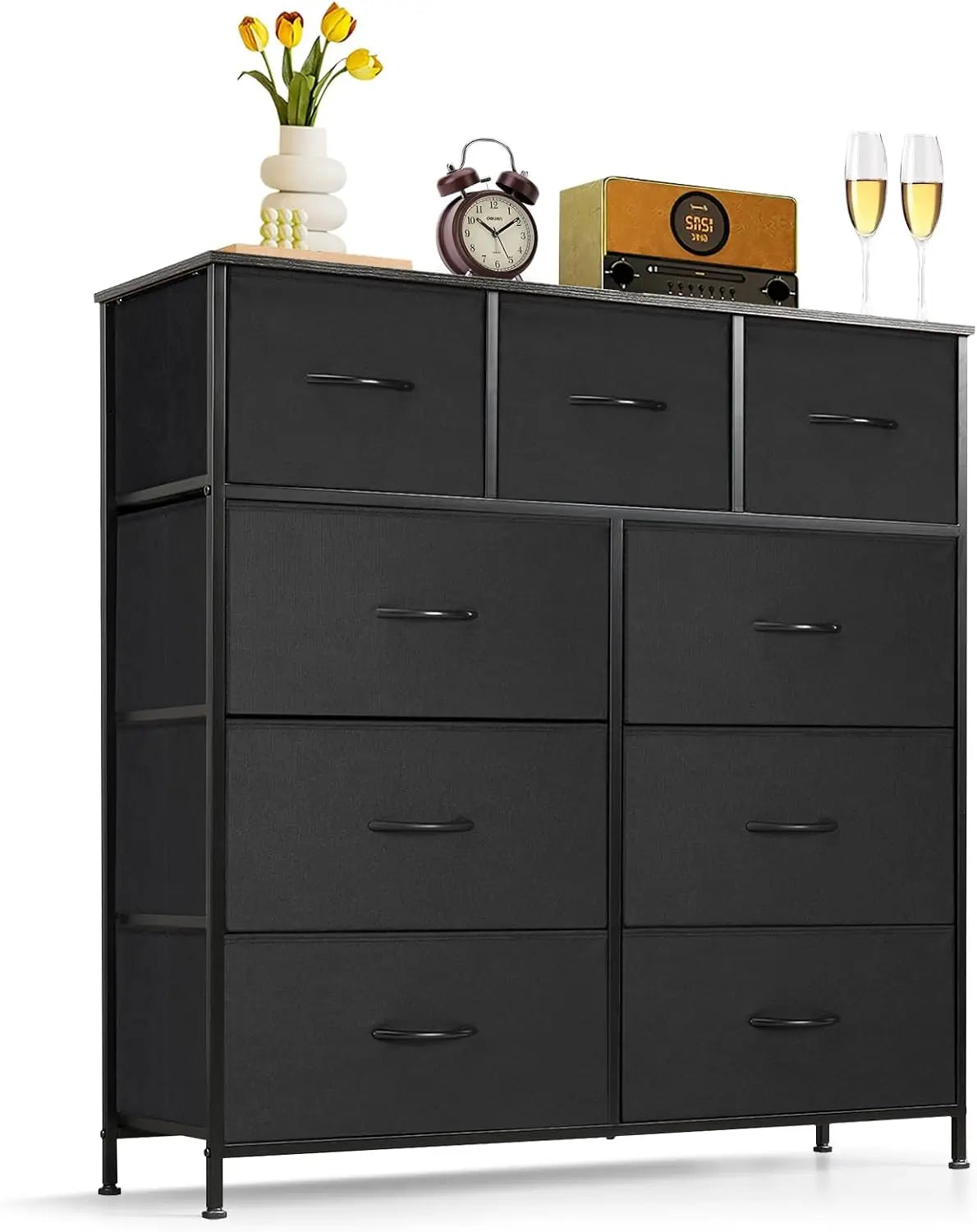 9‑Drawer Tall Bedroom Dresser with Wooden Top & Fabric Bins