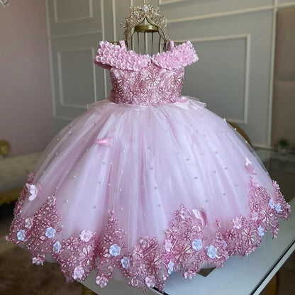 Custom Pink &amp; Purple 3D Floral Flower Girl Dress (Wedding · First Christmas · Birthday Party · Cap Sleeves)