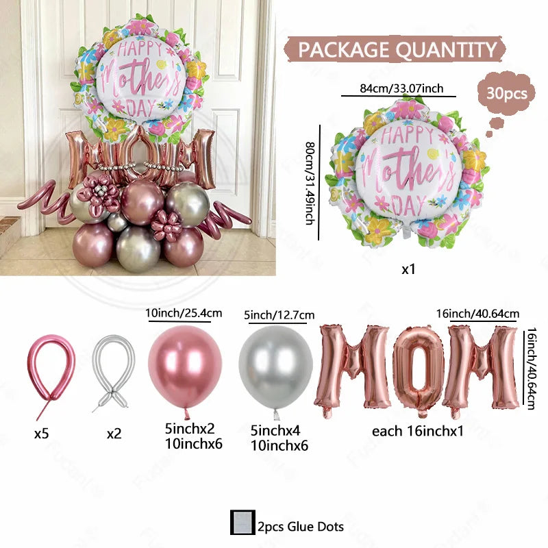 1set Mother's Day Decorations Balloon I Love You Mom Sliver Rose Gold Letter Aluminum Film Balloon Mothers Gifts Supplies Globos