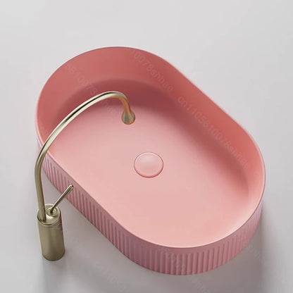 Pink Ceramic Vessel Sink – Modern Countertop Basin with Drain