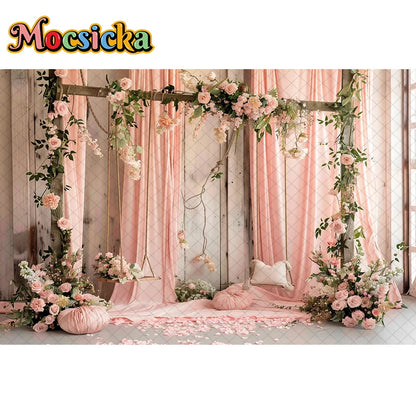 Mocsicka Photography Background Spring Indoor Wreath Cradle Decor Wedding Maternity Adult Kids Portrait Backdrop Photo Studio