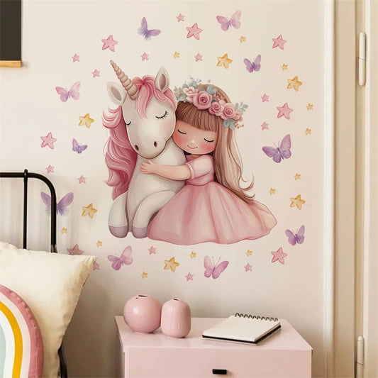 Cartoon Girl Unicorn Vinyl Child Wall Stickers for Baby Room Decoration Bedroom Accessories Furniture Decals Wall Art Room Decor