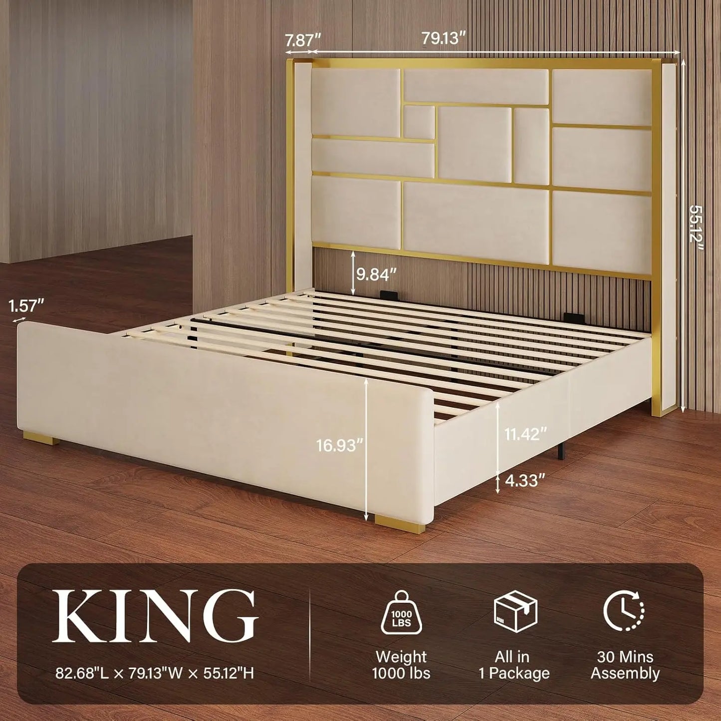 King Bed Frame with 55" Tall Velvet Headboard – Gold Trim