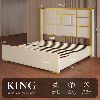 King Bed Frame with 55" Tall Velvet Headboard – Gold Trim