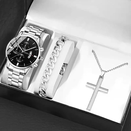 3PCS/Set Men's Casual Stainless Steel Luxury Calendar Quartz Watch,1 Pc Bracelet, 1 Pc Necklace