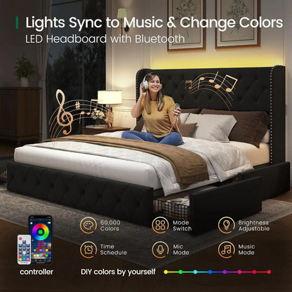King Velvet Platform Bed w/ LED & 4 Storage Drawers