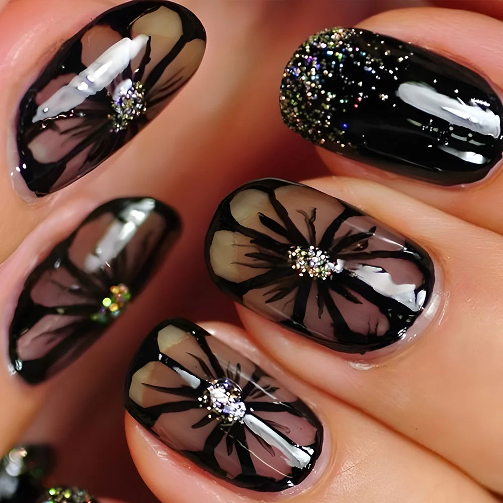 24Pcs French Pink Press on Nails Short Square Head Fake Nails with Flower Rhinestone Design Wearable Finished False Nail Tips