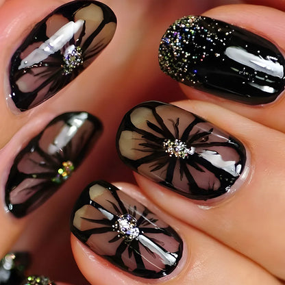 24Pcs French Pink Press on Nails Short Square Head Fake Nails with Flower Rhinestone Design Wearable Finished False Nail Tips