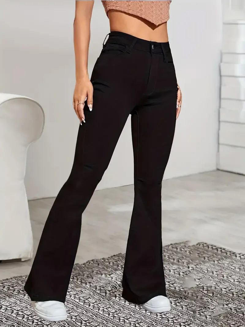 Women’s Flare Stretch Moustache Jeans – High‑Waist Gray Skinny Bell‑Bottom Denim Pants, Classic Y2K Punk Long Trousers