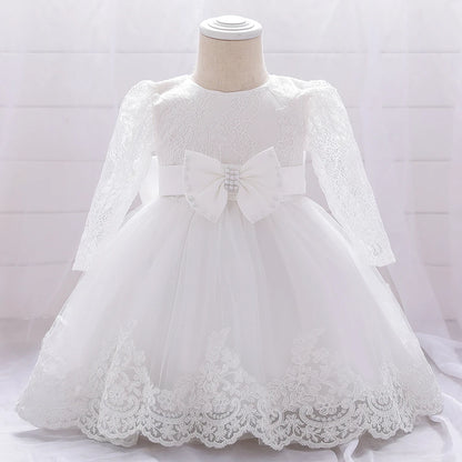 Long Sleeve Baby Girls Dress Newborn White Baptism Tulle Party Wedding 1st Birthday Princess Dresses Infant Girls Bow Prom Gown